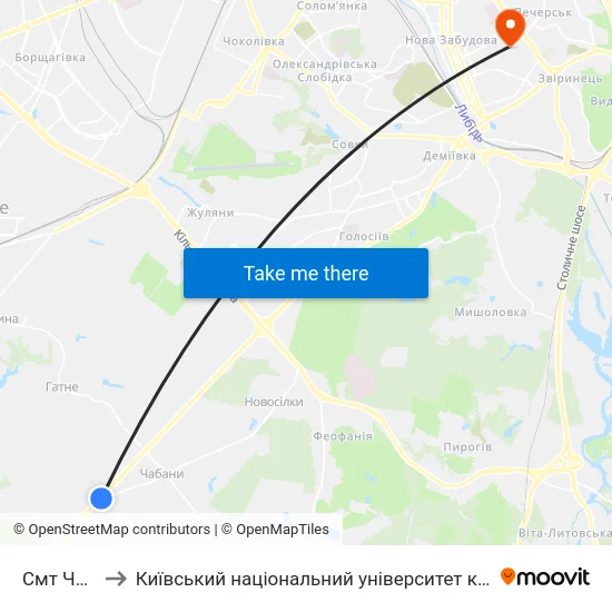 Смт Чабани to Київський національний університет культури і мистецтв map