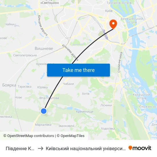 Південне Кладовище to Київський національний університет культури і мистецтв map