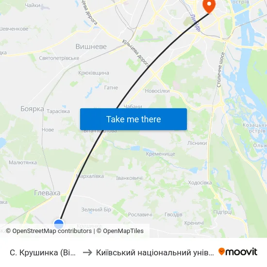 С. Крушинка (Військова Частина) to Київський національний університет культури і мистецтв map