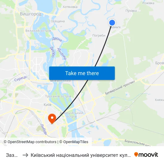 Зазим'Я to Київський національний університет культури і мистецтв map