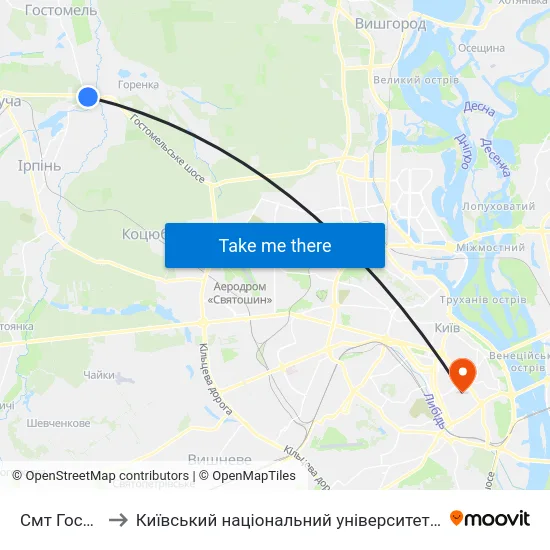 Смт Гостомель to Київський національний університет культури і мистецтв map