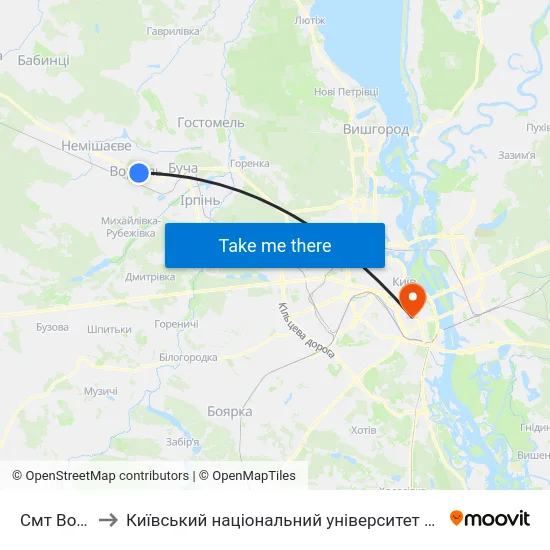 Смт Ворзель to Київський національний університет культури і мистецтв map