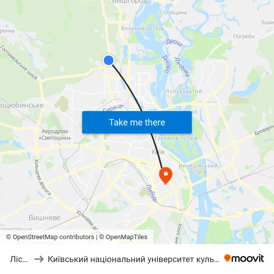 Лісова to Київський національний університет культури і мистецтв map