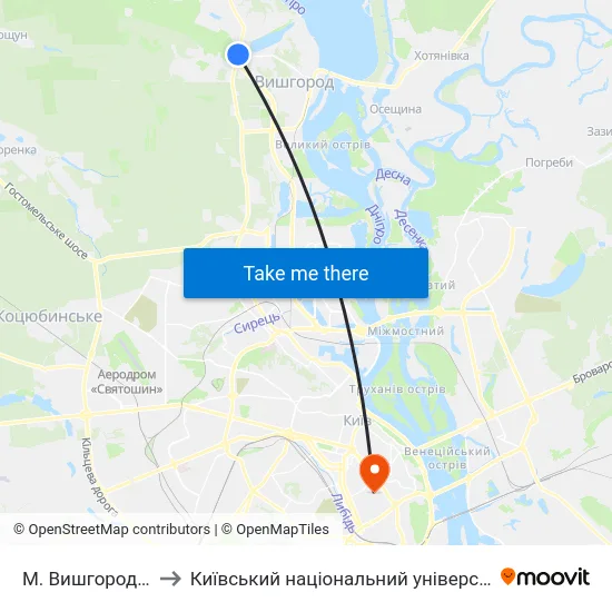 М. Вишгород (Дідовиця) to Київський національний університет культури і мистецтв map