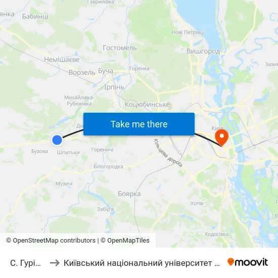 С. Гурівщина to Київський національний університет культури і мистецтв map