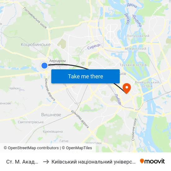 Ст. М. Академмістечко to Київський національний університет культури і мистецтв map