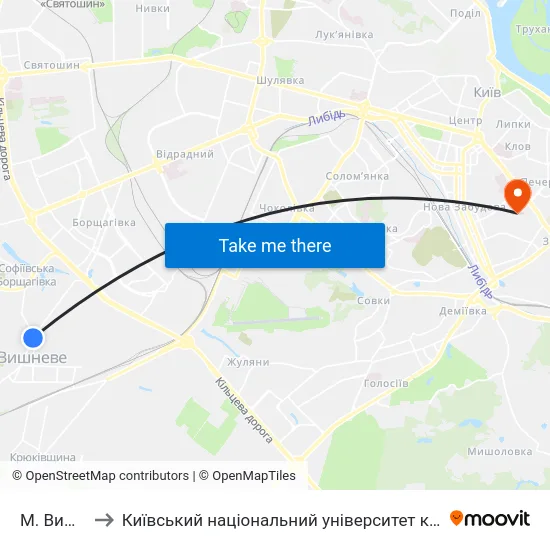 М. Вишневе to Київський національний університет культури і мистецтв map