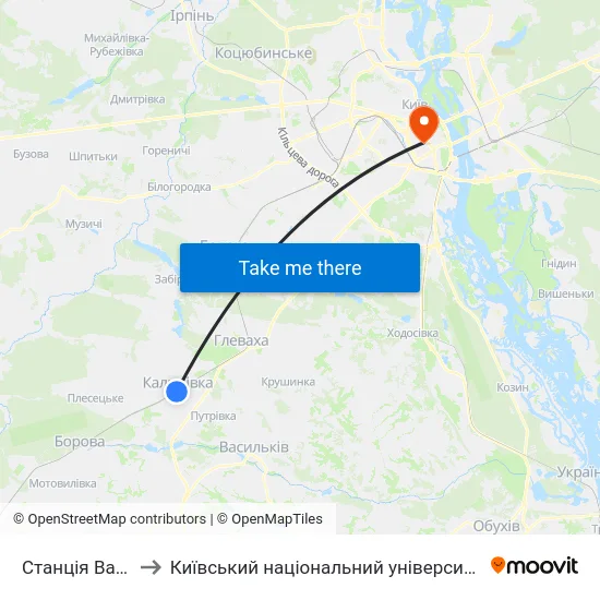 Станція Васильків-1 to Київський національний університет культури і мистецтв map