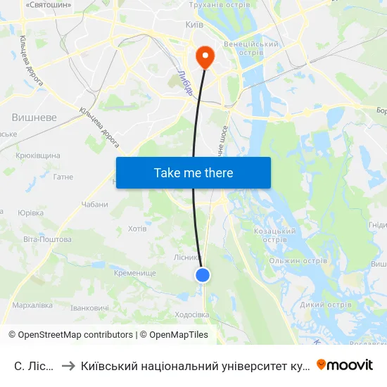 С. Лісники to Київський національний університет культури і мистецтв map