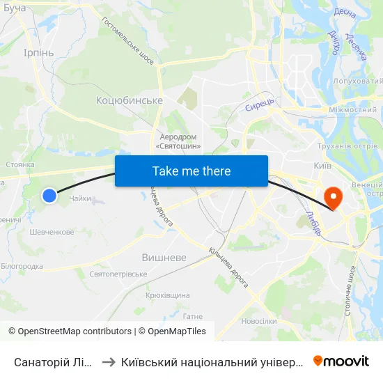 Санаторій Лісова Поляна to Київський національний університет культури і мистецтв map