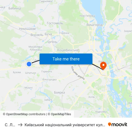 С. Лісне to Київський національний університет культури і мистецтв map