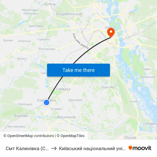 Смт Калинівка (Станція Васильків-1) to Київський національний університет культури і мистецтв map