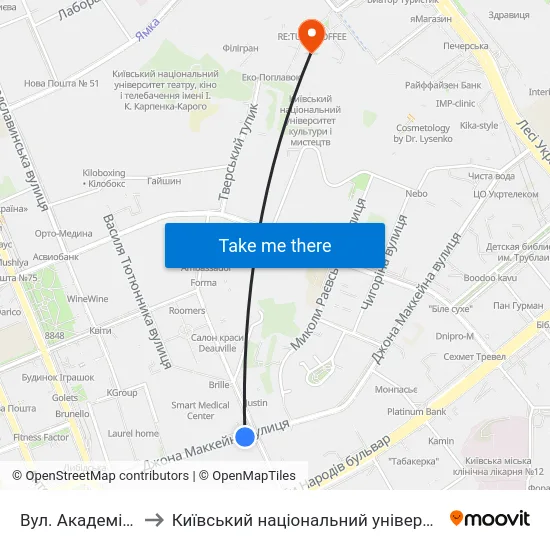 Вул. Академіка Філатова to Київський національний університет культури і мистецтв map