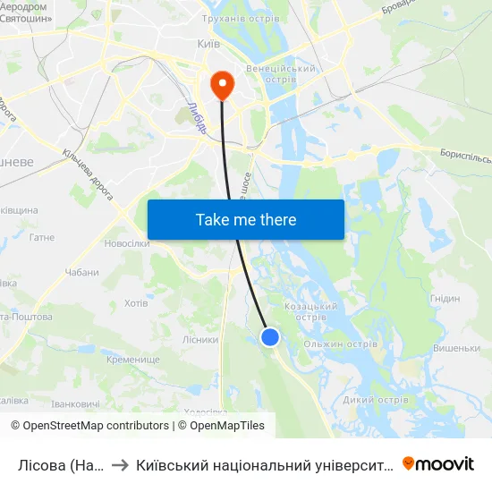Лісова (На Вимогу) to Київський національний університет культури і мистецтв map