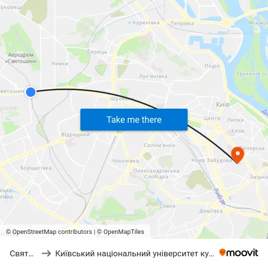 Святошин to Київський національний університет культури і мистецтв map