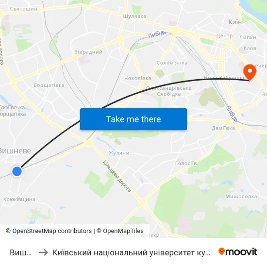 Вишневе to Київський національний університет культури і мистецтв map