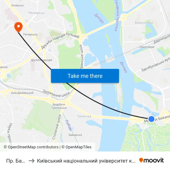 Пр. Бажана to Київський національний університет культури і мистецтв map
