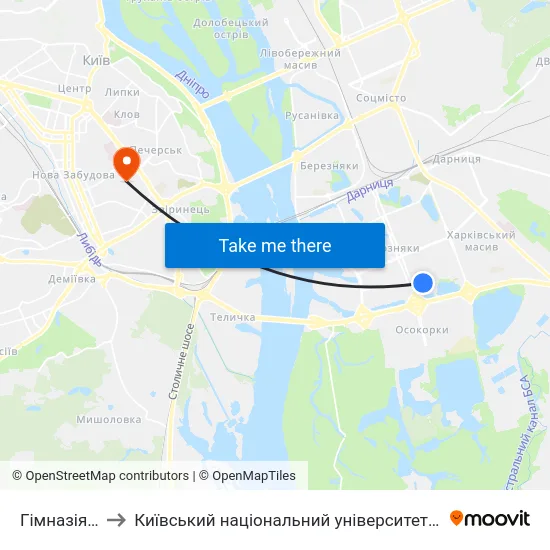 Гiмназiя №315 to Київський національний університет культури і мистецтв map