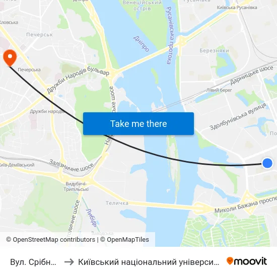 Вул. Срібнокільська to Київський національний університет культури і мистецтв map