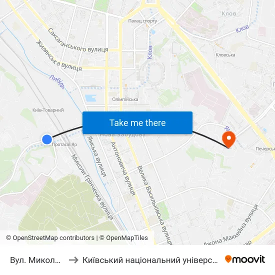 Вул. Миколи Грінченка to Київський національний університет культури і мистецтв map