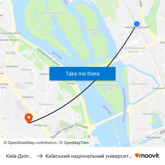 Київ-Дніпровський to Київський національний університет культури і мистецтв map