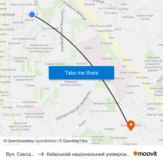 Вул. Саксаганського to Київський національний університет культури і мистецтв map