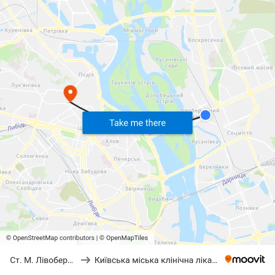 Ст. М. Лівобережна to Київська міська клінічна лікарня №2 map