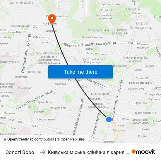 Золоті Ворота to Київська міська клінічна лікарня №2 map