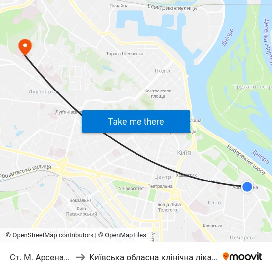 Ст. М. Арсенальна to Київська обласна клінічна лікарня №1 map