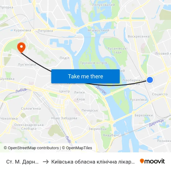 Ст. М. Дарниця to Київська обласна клінічна лікарня №1 map