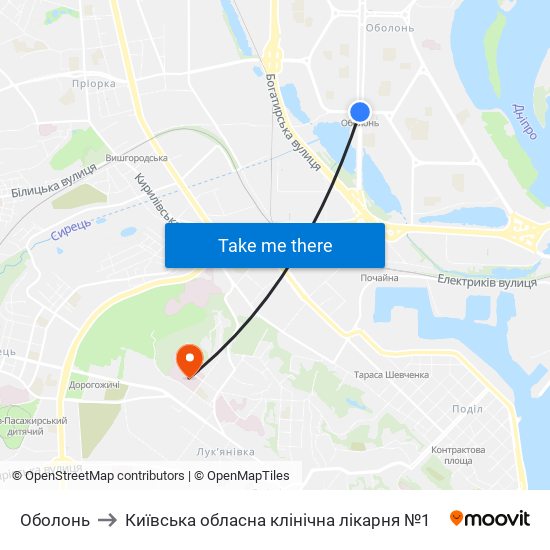 Оболонь to Київська обласна клінічна лікарня №1 map