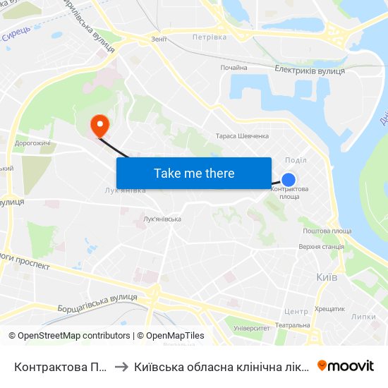 Контрактова Площа to Київська обласна клінічна лікарня №1 map