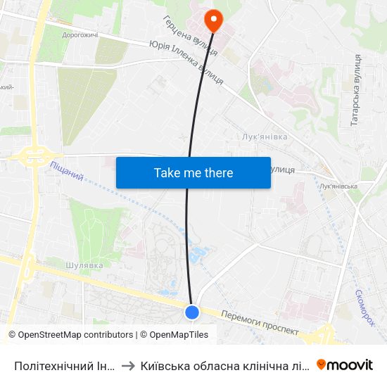 Політехнічний Інститут to Київська обласна клінічна лікарня №1 map