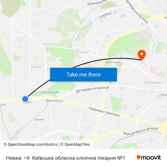 Нивки to Київська обласна клінічна лікарня №1 map