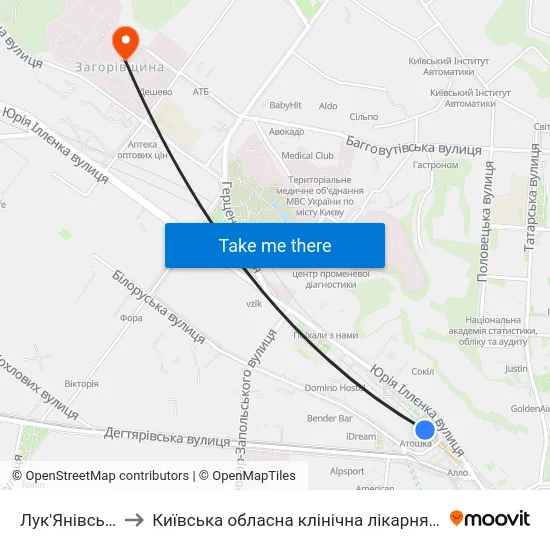 Лук'Янівська to Київська обласна клінічна лікарня №1 map