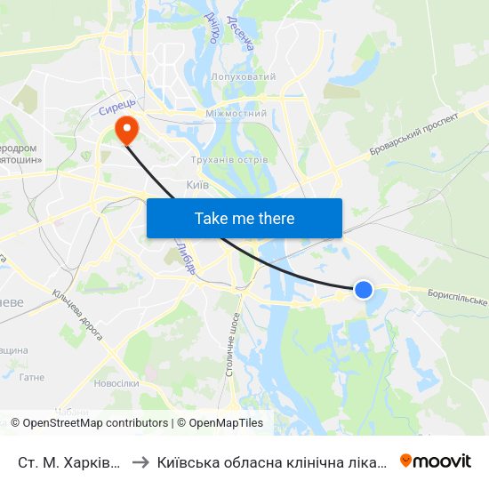 Ст. М. Харківська to Київська обласна клінічна лікарня №1 map