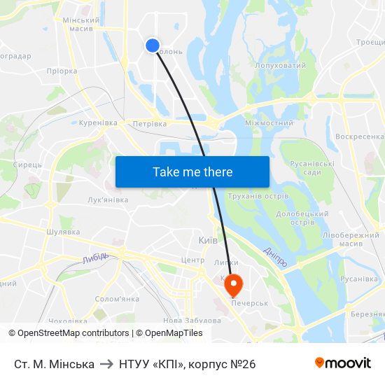 Ст. М. Мінська to НТУУ «КПІ», корпус №26 map