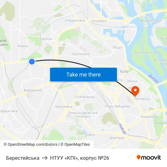 Берестейська to НТУУ «КПІ», корпус №26 map