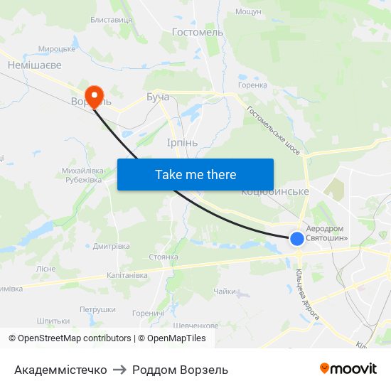 Академмістечко to Роддом Ворзель map