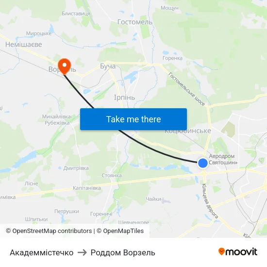 Академмістечко to Роддом Ворзель map
