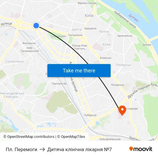 Пл. Перемоги to Дитяча клінічна лікарня №7 map