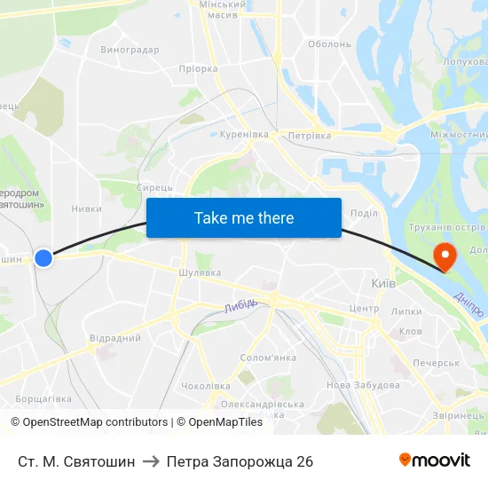 Ст. М. Святошин to Петра Запорожца 26 map