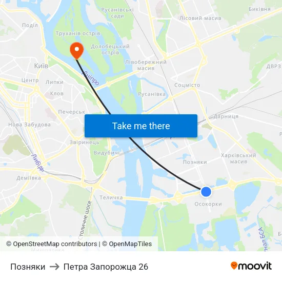 Позняки to Петра Запорожца 26 map