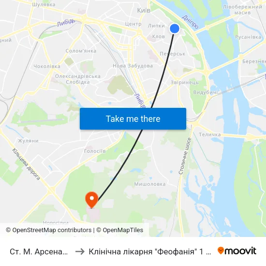 Ст. М. Арсенальна to Клінічна лікарня "Феофанія" 1 корпус map