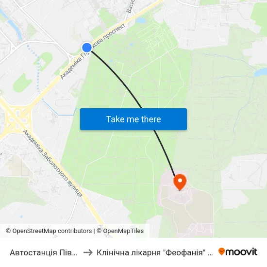 Автостанція Південна to Клінічна лікарня "Феофанія" 1 корпус map