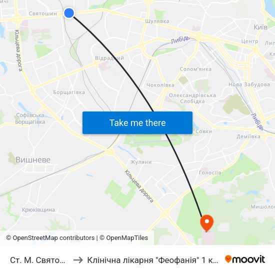 Ст. М. Святошин to Клінічна лікарня "Феофанія" 1 корпус map