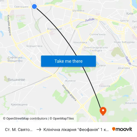 Ст. М. Святошин to Клінічна лікарня "Феофанія" 1 корпус map