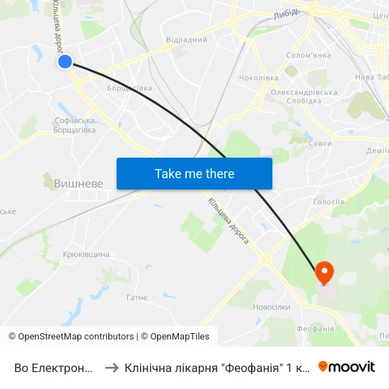 Во Електронмаш to Клінічна лікарня "Феофанія" 1 корпус map
