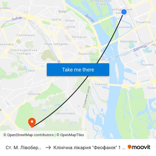 Ст. М. Лівобережна to Клінічна лікарня "Феофанія" 1 корпус map