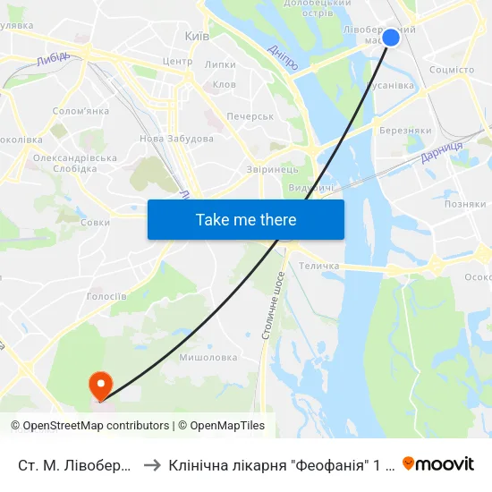 Ст. М. Лівобережна to Клінічна лікарня "Феофанія" 1 корпус map